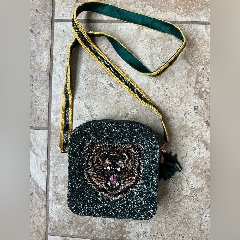 Beaded Bear Design Green Crossbody Bag